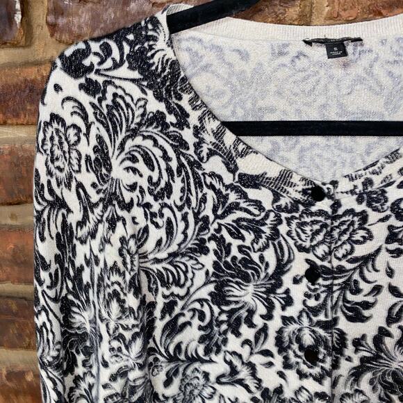 Talbots Black Cream Gold Metallic Button Down Cardigan Sweater Womens Size Small - Picture 2 of 7